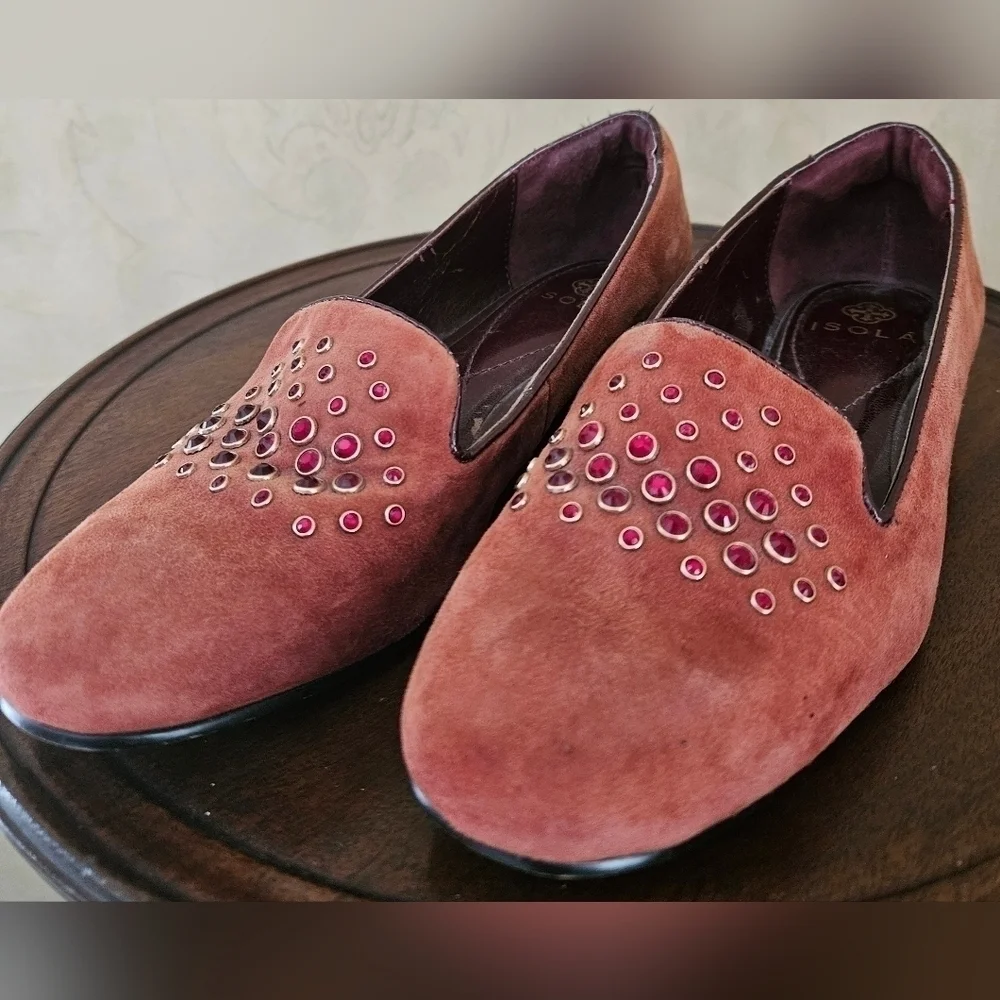 Isola Burgundy Genuine Suede Leather Red Stone Slip-on Flats Shoes-Size 6
